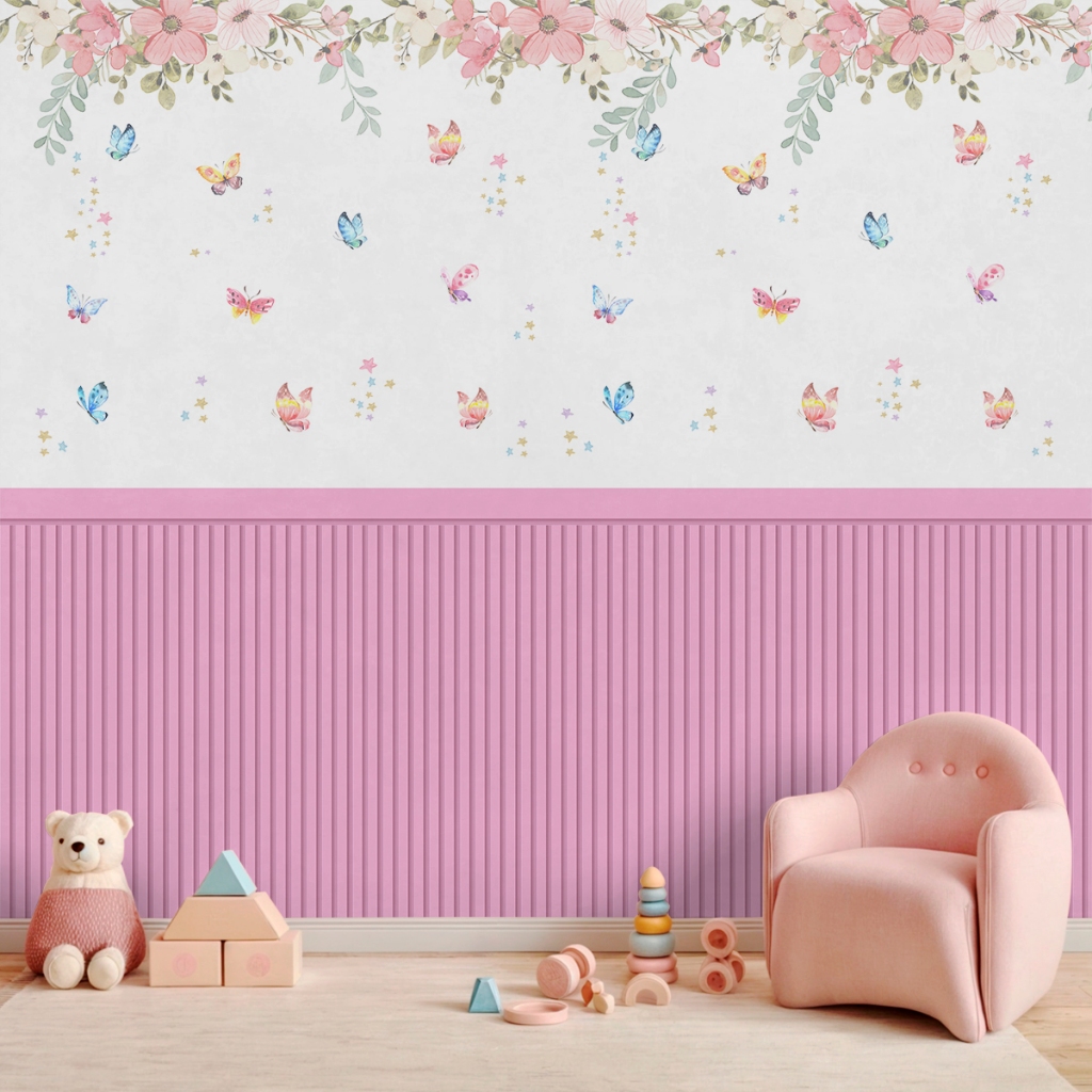 Papel De Parede Adesivo Ripado Floral Rosa Com Borboletas