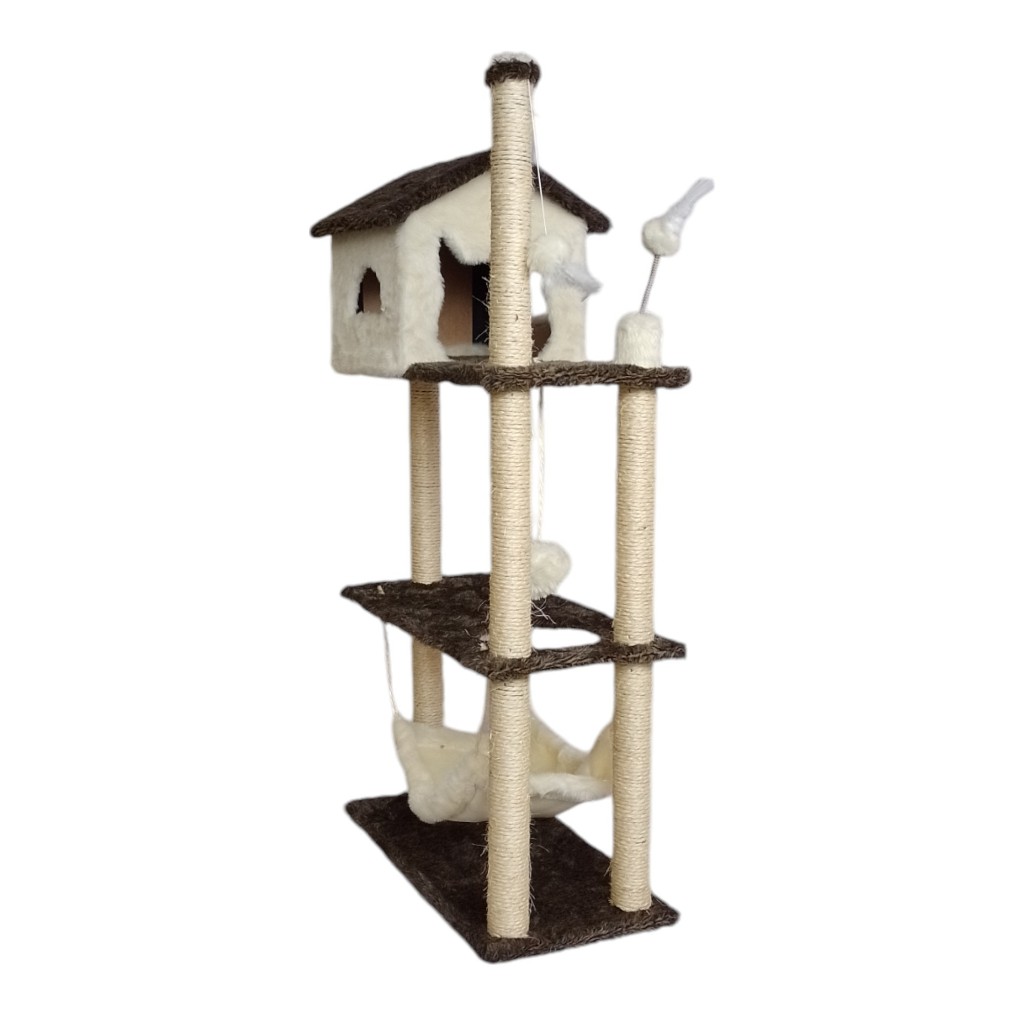 Arranhador Casa Alta para Gatos 3 Plataformas Rede Grande Brinquedo Torre Poste Sisal e Bola de Pelúcia - Miupet