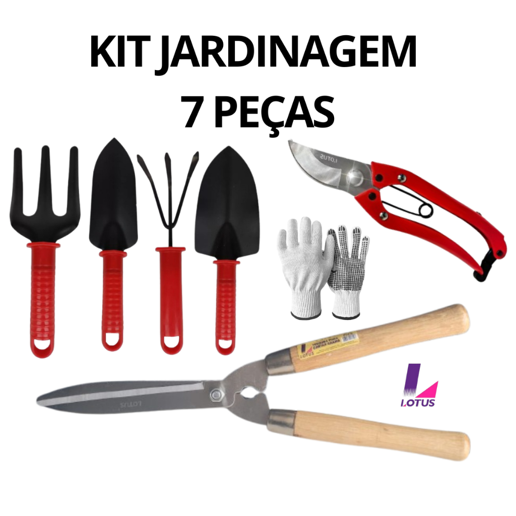 KIT  JARDINAGEM 7 PEÇAS -1 PAR DE LUVAS+TESOURA DE GRAMA 10"+TESOURA DE PODA 8"+ 4 PEÇAS DE JARDIM