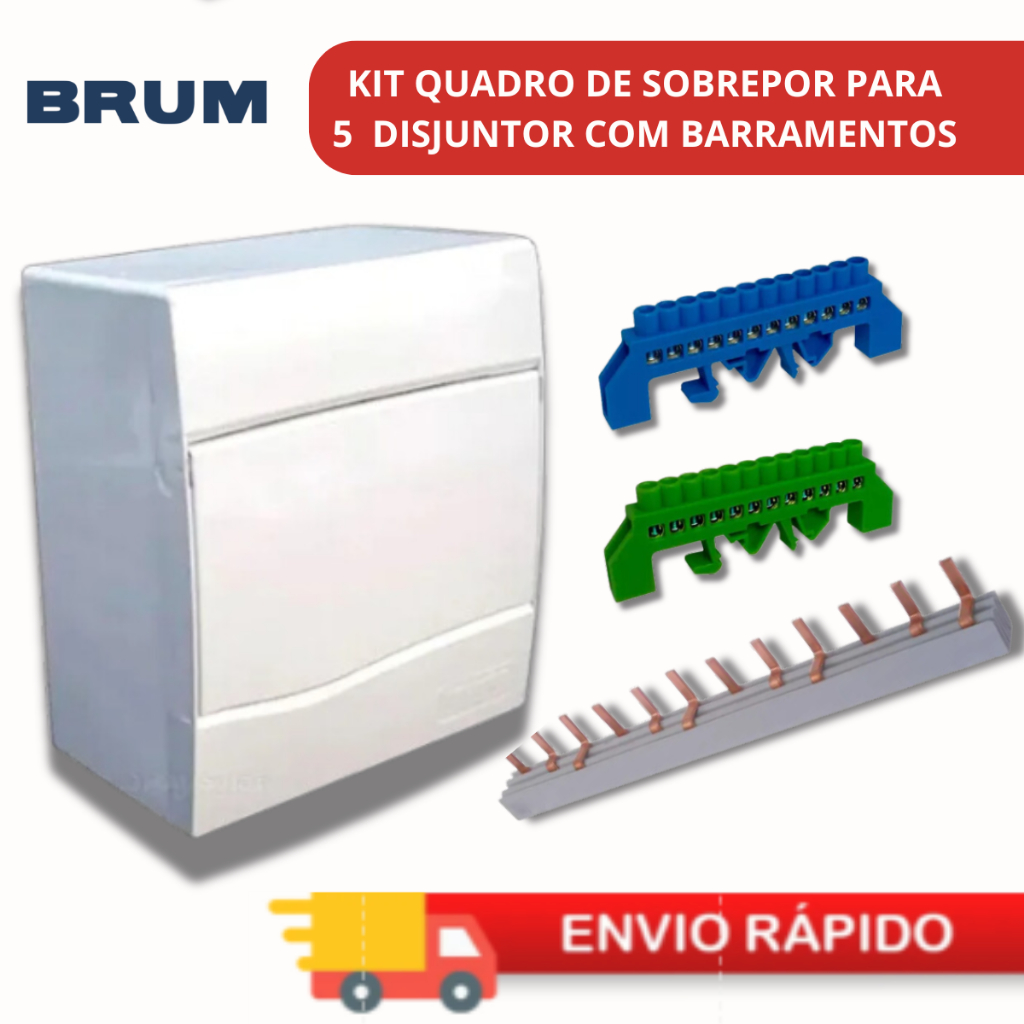 Quadro Distribuição Sobrepor 5 Disjuntor Brum Barramento pente Tripolar Barramento Neutro/Terra 12DI