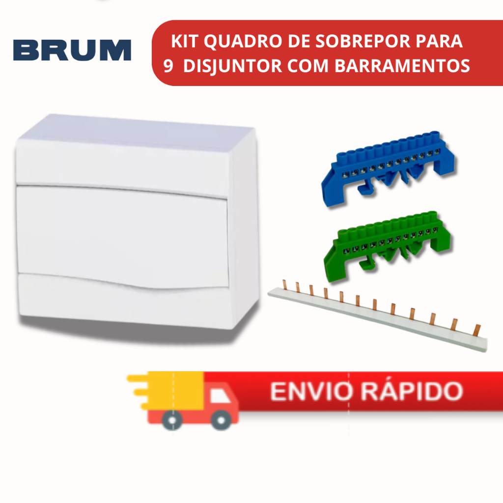 Quadro Distribuição Sobrepor 9 Disjuntor Brum Barramento pente Unipolar Barramento Neutro/Terra 12DI