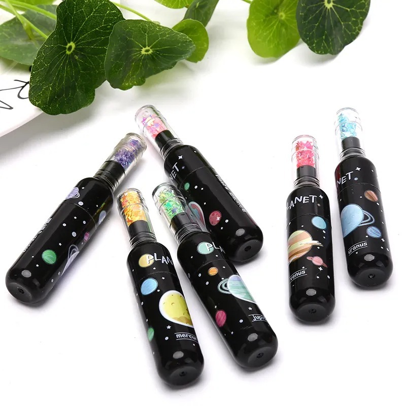 6 Cores Marca texto garrafinhas preta planeta/ou astronauta glitter fofo