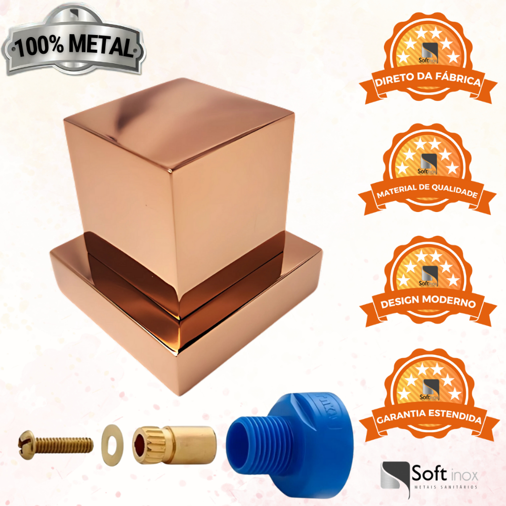 Kit Acabamento Quadrado Rose Gold 100% Metal 1/2 e 3/4 + Conversor Docol