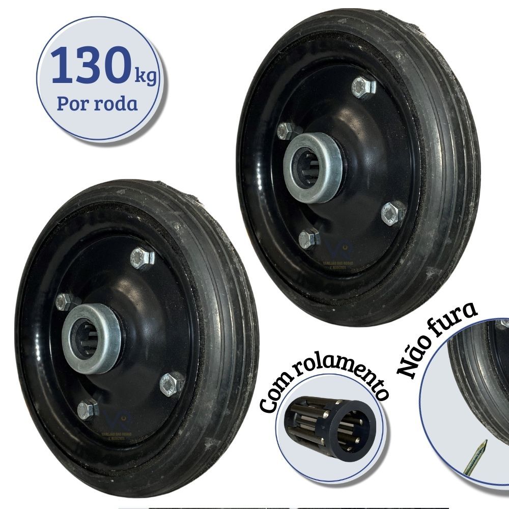 Kit de Rodinhas de Borracha Reforçada Aro em Chapa de Aço Rolamento de Rolete 8" polegadas 200mm p/ Carrinho 130kg Cada