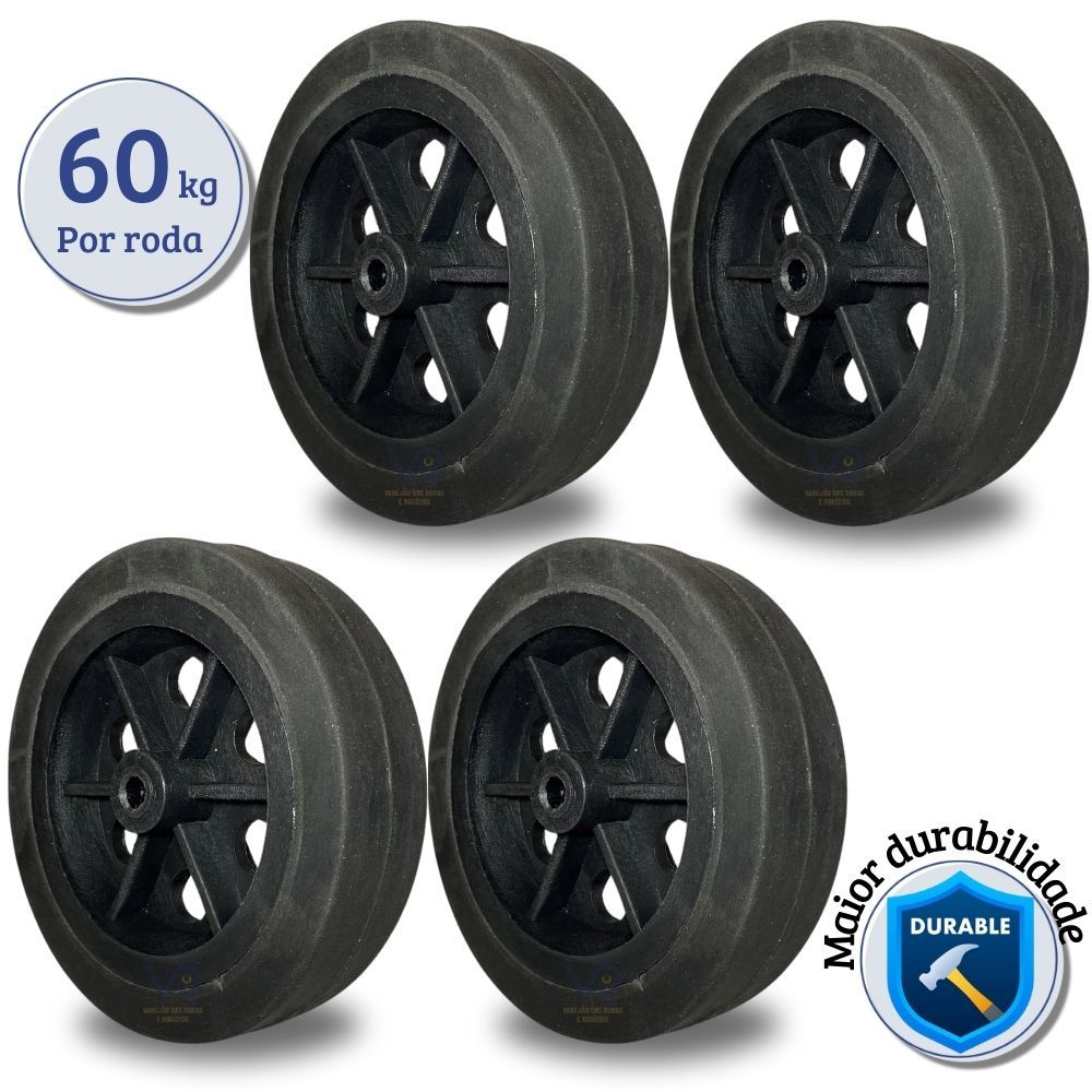 Kit Com 4 Rodinhas de Borracha Super Reforçada 125mm para Carrinho de Feira Carrinho Dobrável 60kg cada