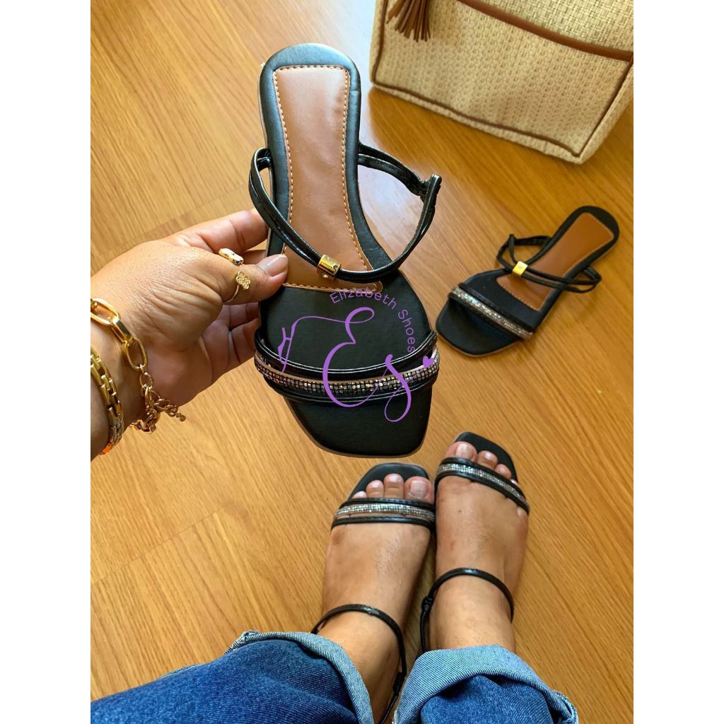 Sandália Rasterinha Feminina brilho strass preto casual Sandalia