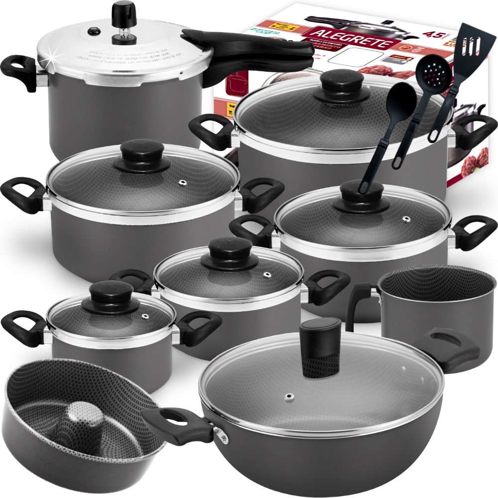 Jogo De Panelas Fortes Antiaderente + Panela De Pressão Externa 4,5 Litros + Forma Cone + Wok 12pç