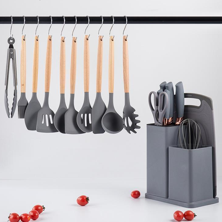 Kit 19 Peças Jogo de Utensílios Para Cozinha em Silicone Com Cabo de Madeira Completo / Antiaderente e Resistente