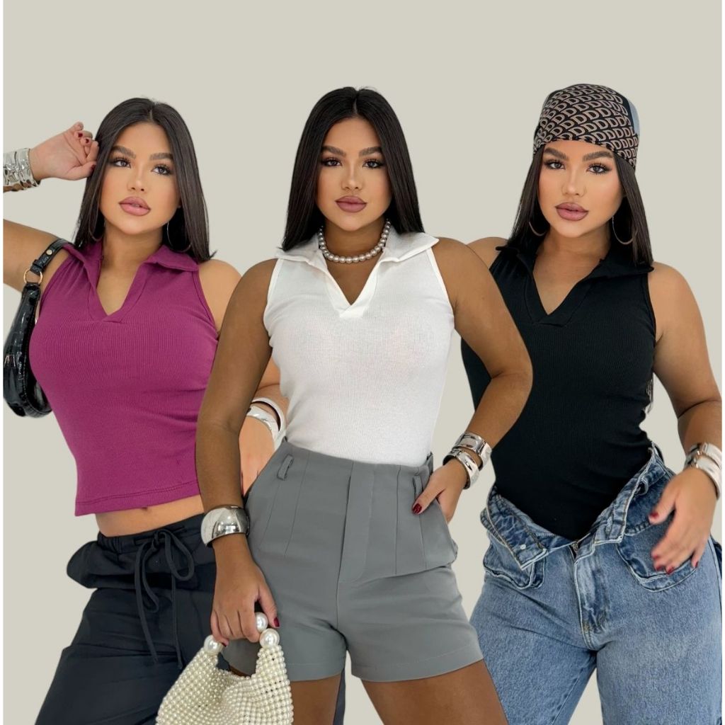 Regata Canelada Camisa Gola Polo Blusa Básica Feminina Liso Camiseta Casual Moderna Tendên...