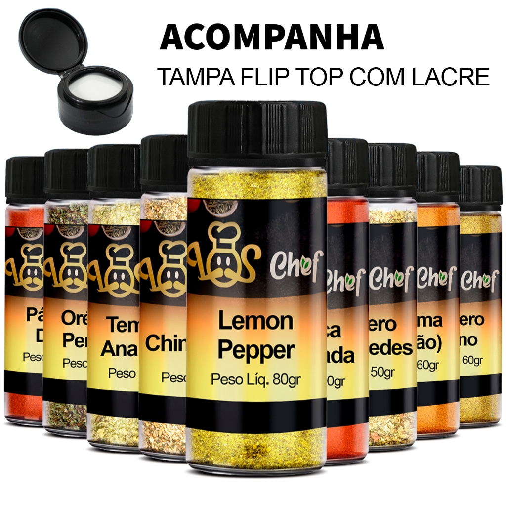 Kit 10, 5 Temperos Pote Até 130gr Chimichurri Lemon Pepper Cúrcuma Baiano Páprica Defumada...