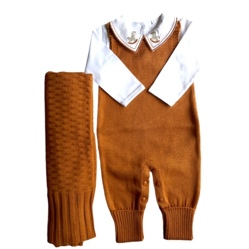 conjunto trico saida maternidade 3 peças, jardineira, manta e body gola cavalinho. em Oferta na Shopee