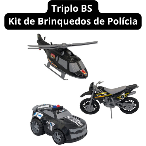 Triplo BS Kit de Brinquedos de Polícia com Carro, Moto e Helicóptero - Preto