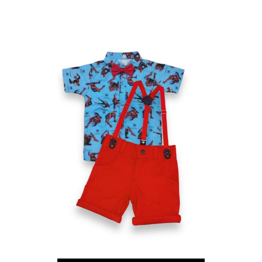 Conjunto Menino Temático Luxo Homem Aranha Camisa Azul +Bermuda Vermelha