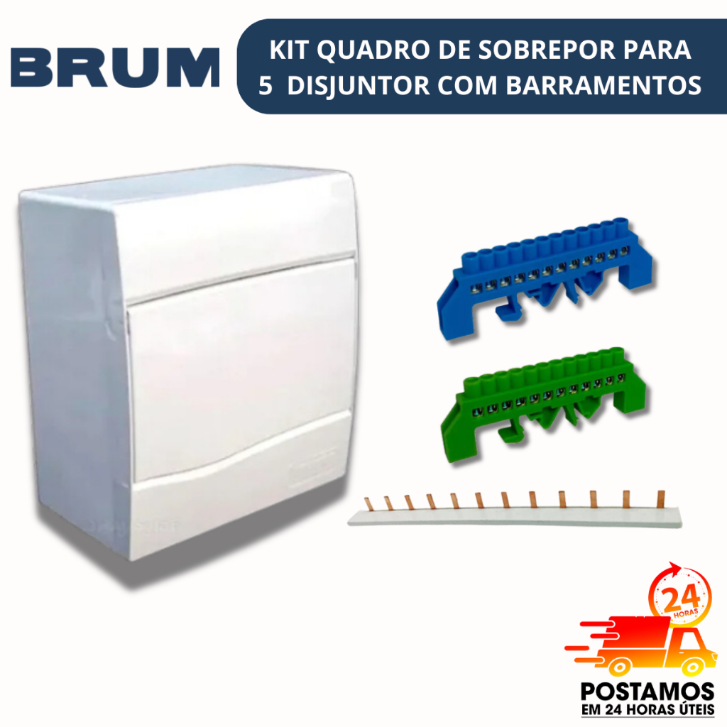 Quadro Distribuição Sobrepor 5 Disjuntor Barramento pente Unipolar Barramento Neutro/Terra 12FUROS