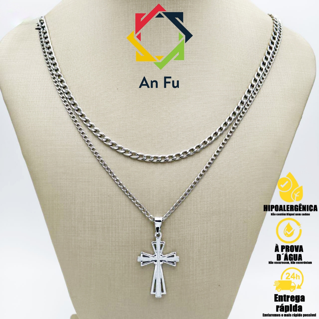 Kit com 2 Correntes Masculinas com Pingente Cruz Palito - Colares Banhados a Prata em Aço Inoxidável em Oferta na Shopee