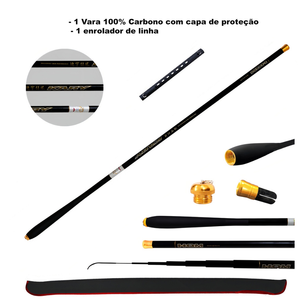 Vara Pesca Telescópica Fly Fishing 3,60M 100% Fibra de Carbono Mão Linha Monofilamento Enrolador