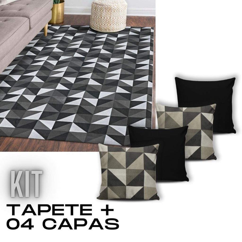 KIT TAPETE SALA QUARTO GEOMETRICO 1M X 1,35M + 04 CAPAS GORGURINHO 45CMX45CM JOGO COMPLETO DECORAÇÃO