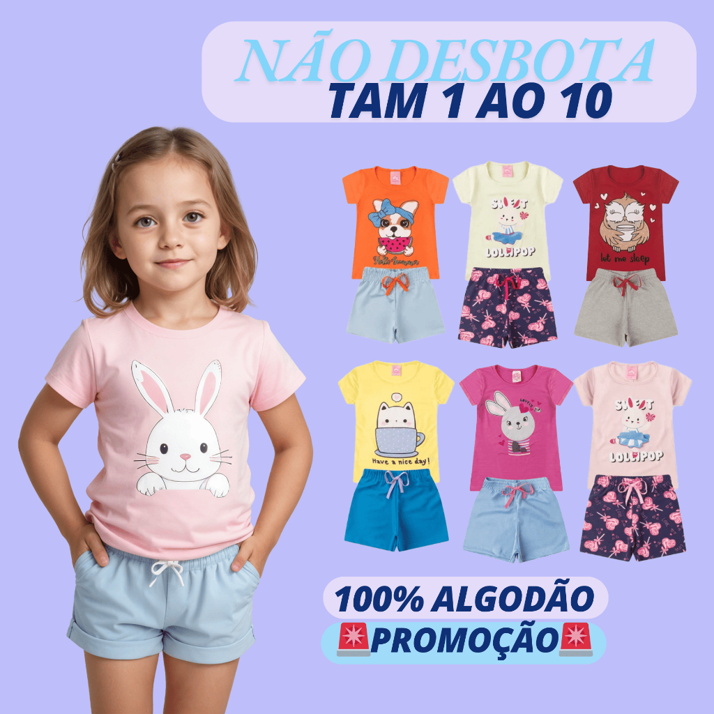 Kit 4 Peças Sortido  de Roupas Infantil-2 Camiseta + 2 short Conjunto de Roupa Infantil para meninas