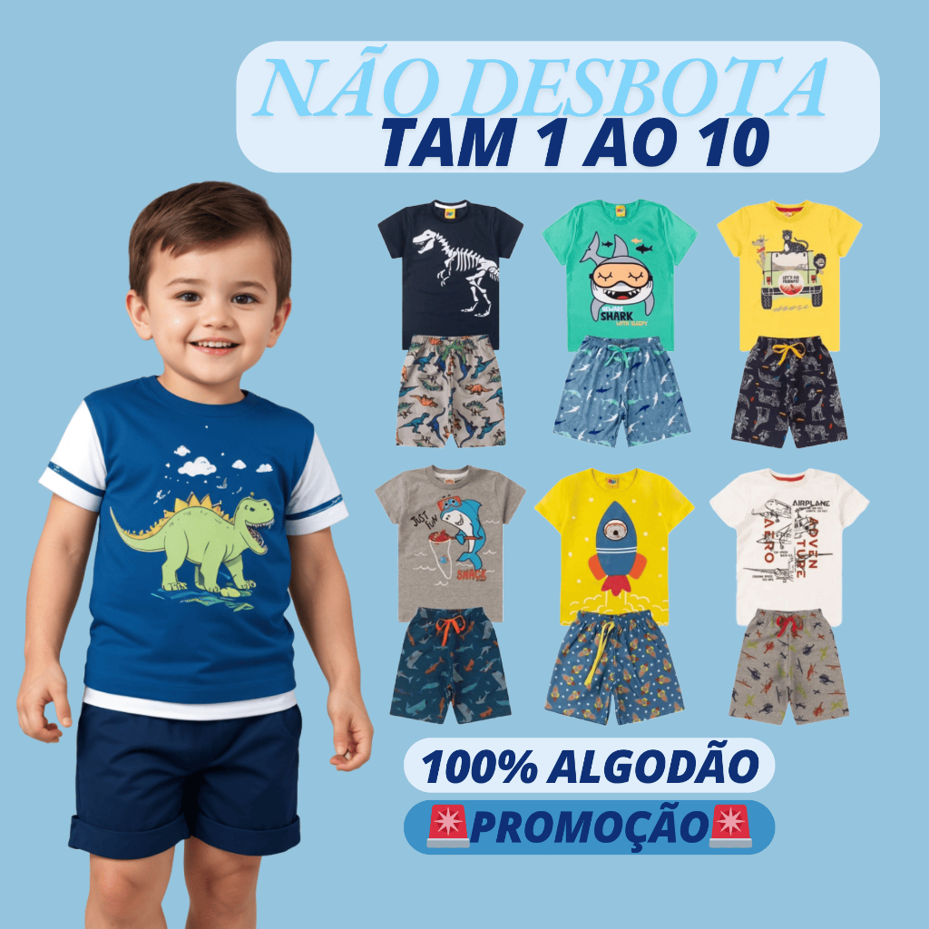Kit  4 Peças  de Roupas Infantil Menino Sortido - 2 Camiseta+2 Bermuda - Kit  de Roupa Infantil Menino