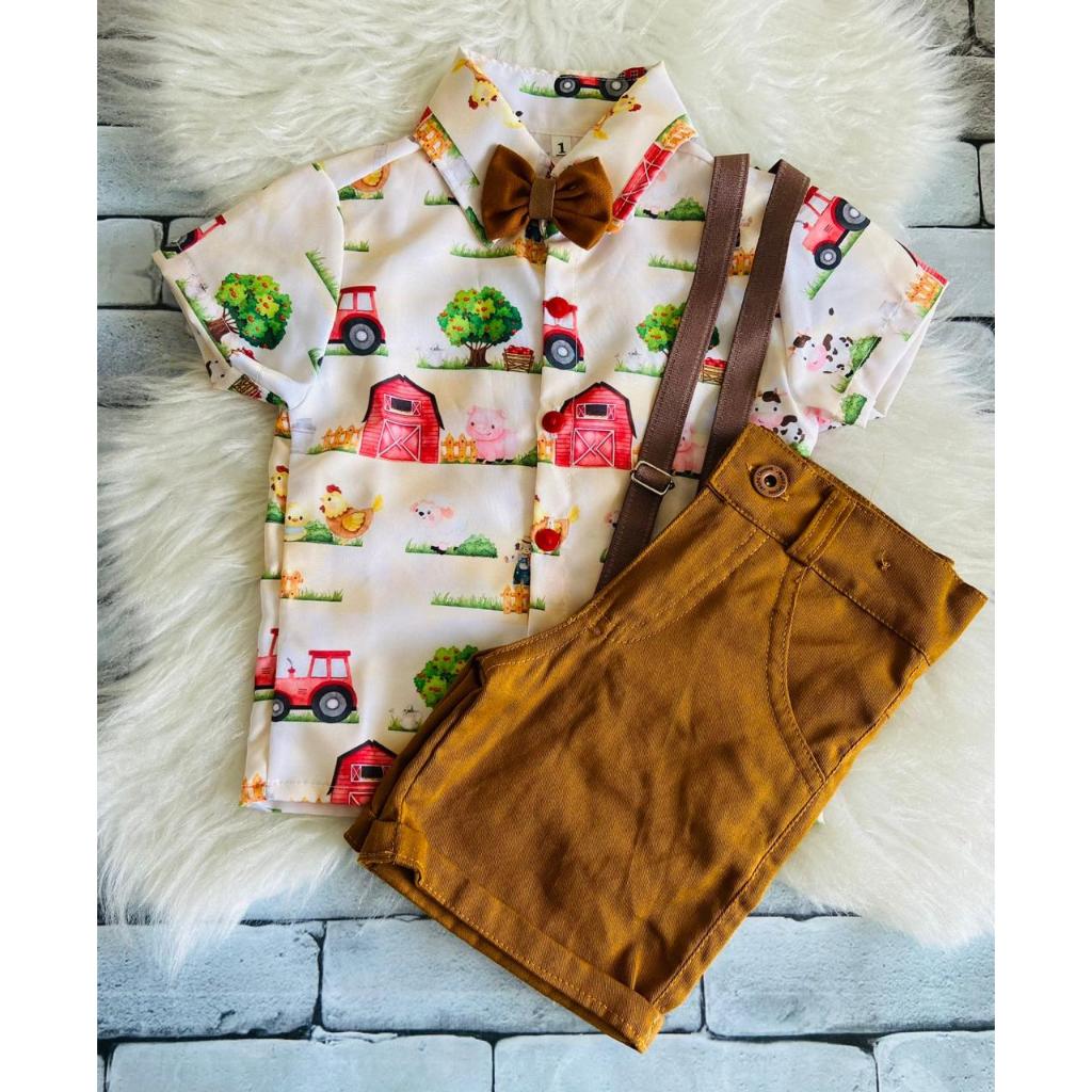 Conjunto Menino Luxo Infantil Temático Fazendinha RF02 + Bermuda Caramelo
