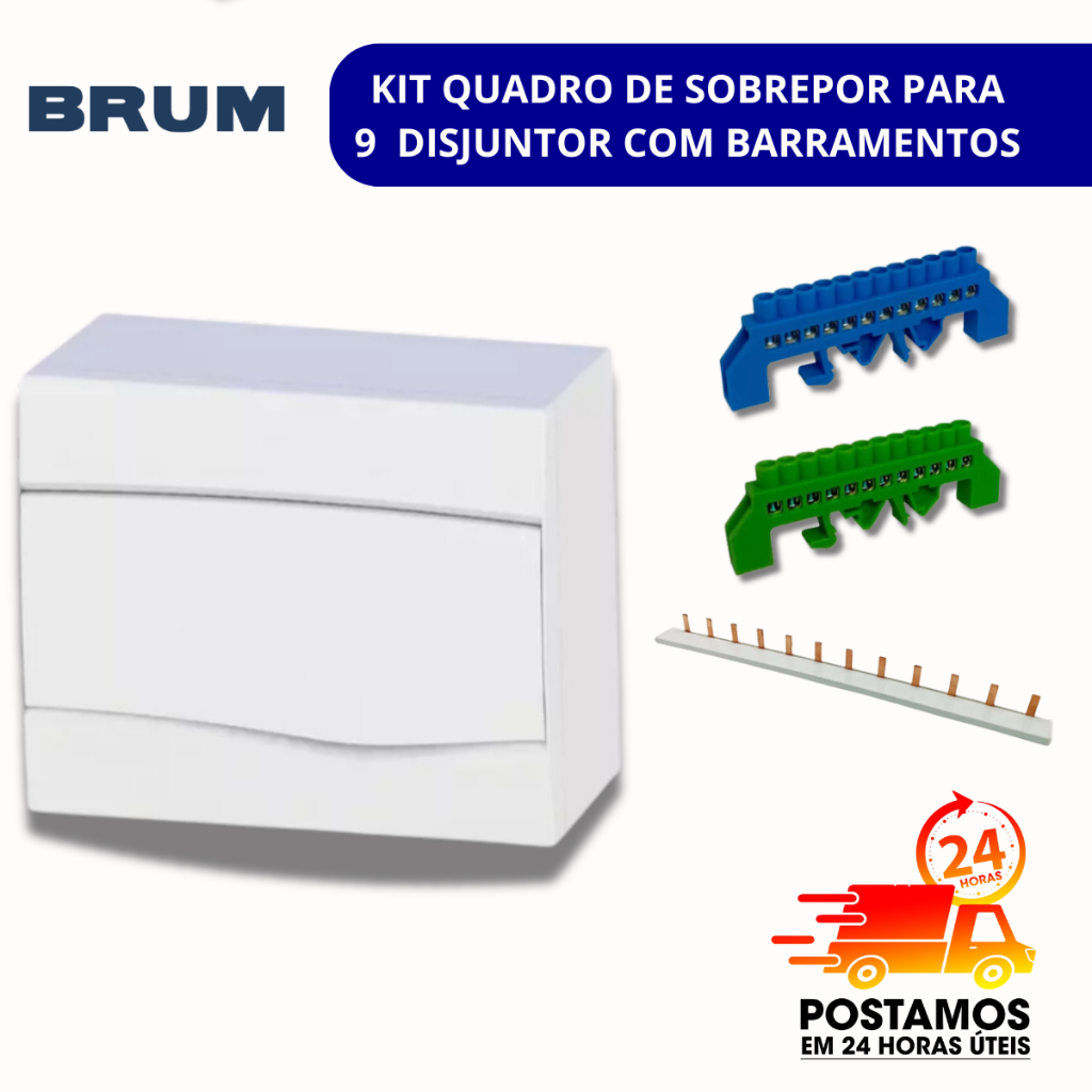 Quadro Distribuição Sobrepor 9 Disjuntor Barramento pente Unipolar Barramento Neutro/Terra 12DIN