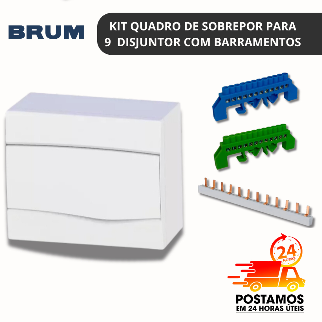 Quadro Distribuição Sobrepor 9 Disjuntor Barramento pente Bipolar Barramento Neutro/Terra 12FUROS