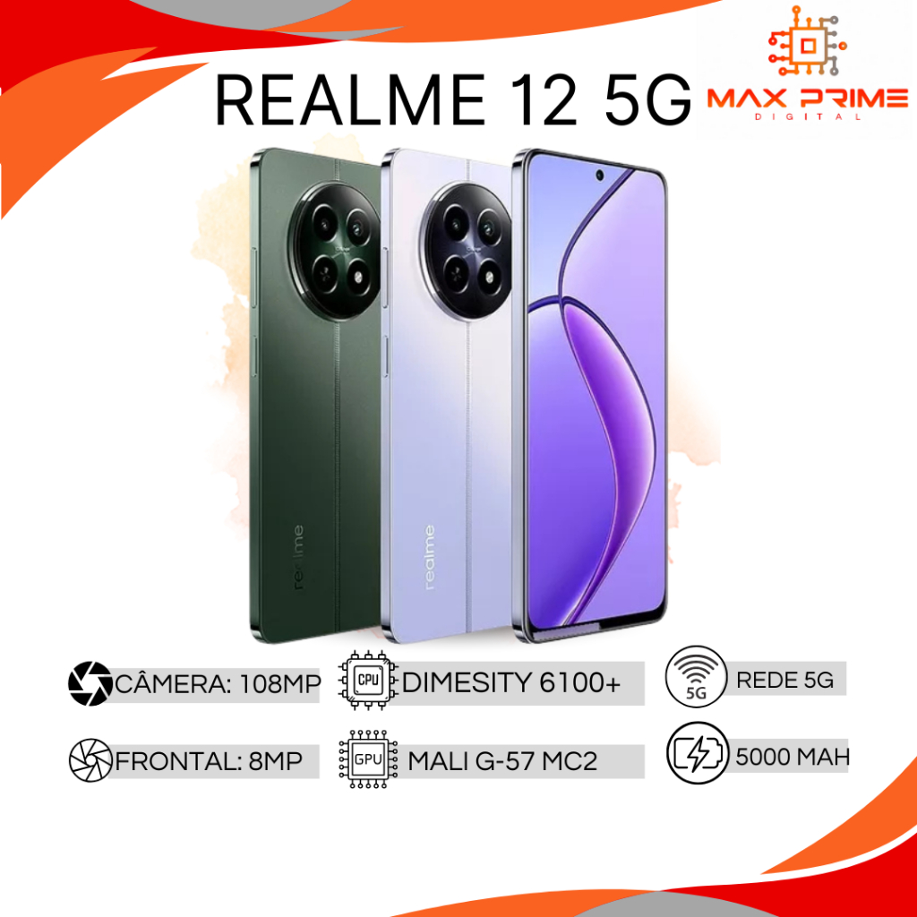 Realme 12 5G, Câmera 108MP, 256GB/8GB RAM-512GB/8GB RAM, Processador Dimensity 6100+, VERSÃO GLOBAL ( LACRADO) - Mobile & Gadgets
