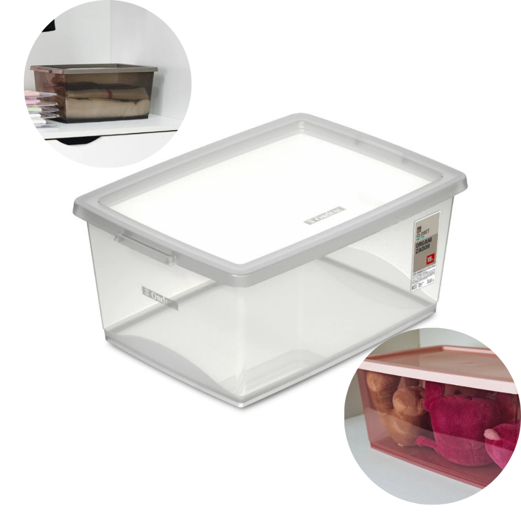 Caixa Organizadora com tampa e travas para Guarda Roupa  Cristal Ordene 15 L My Closet