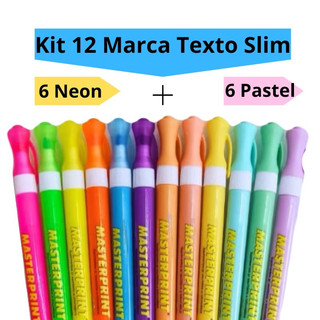 Kit 12 Caneta Marca Texto Slim (6 Neon + 6 pastel) Escolar Infantil Diversas Cores Master…