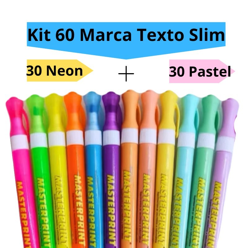Kit 60 Marca Texto Caneta Slim (30 Neon + 30 pastel) Diversas Cores Infantil Escolar Masterprint