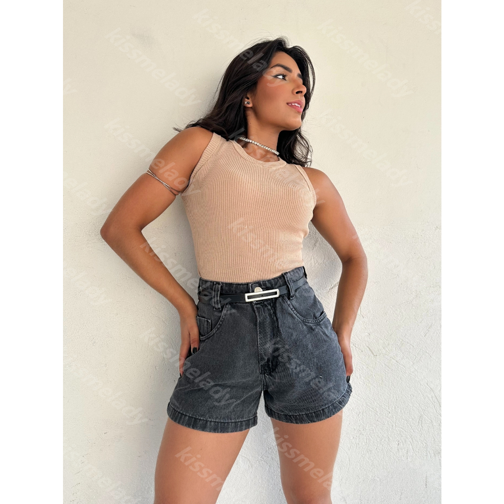 kissmelady 8109 com cinto preto short jeans feminina com rascada Shorts jeans feminino  lisa com rascada juvenil natural