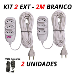 Extensão Elétrica 2 Metros Branco ou Preto Extensão de Energia com 3 Tomadas