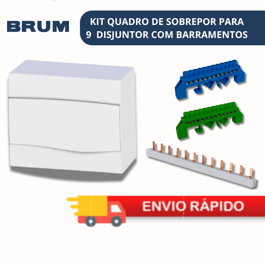 Quadro Distribuição Sobrepor 9 Disjuntor Brum Barramento pente Bipolar Barramento Neutro/Terra 12din
