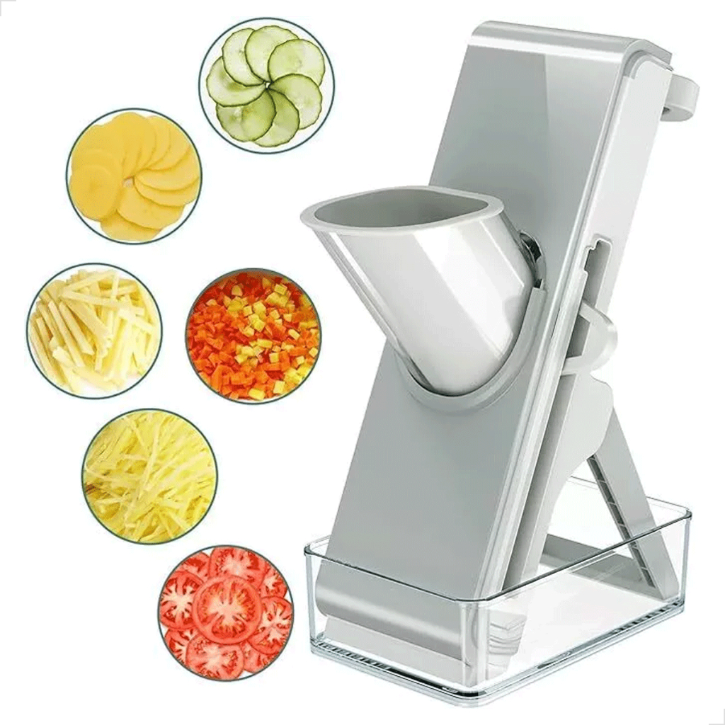 Fatiador de Frutas Legumes e Vegetais 4 em1 Lamina Inox Corte Preciso e Recipiente 600ML Cinza B851 - Home & Living