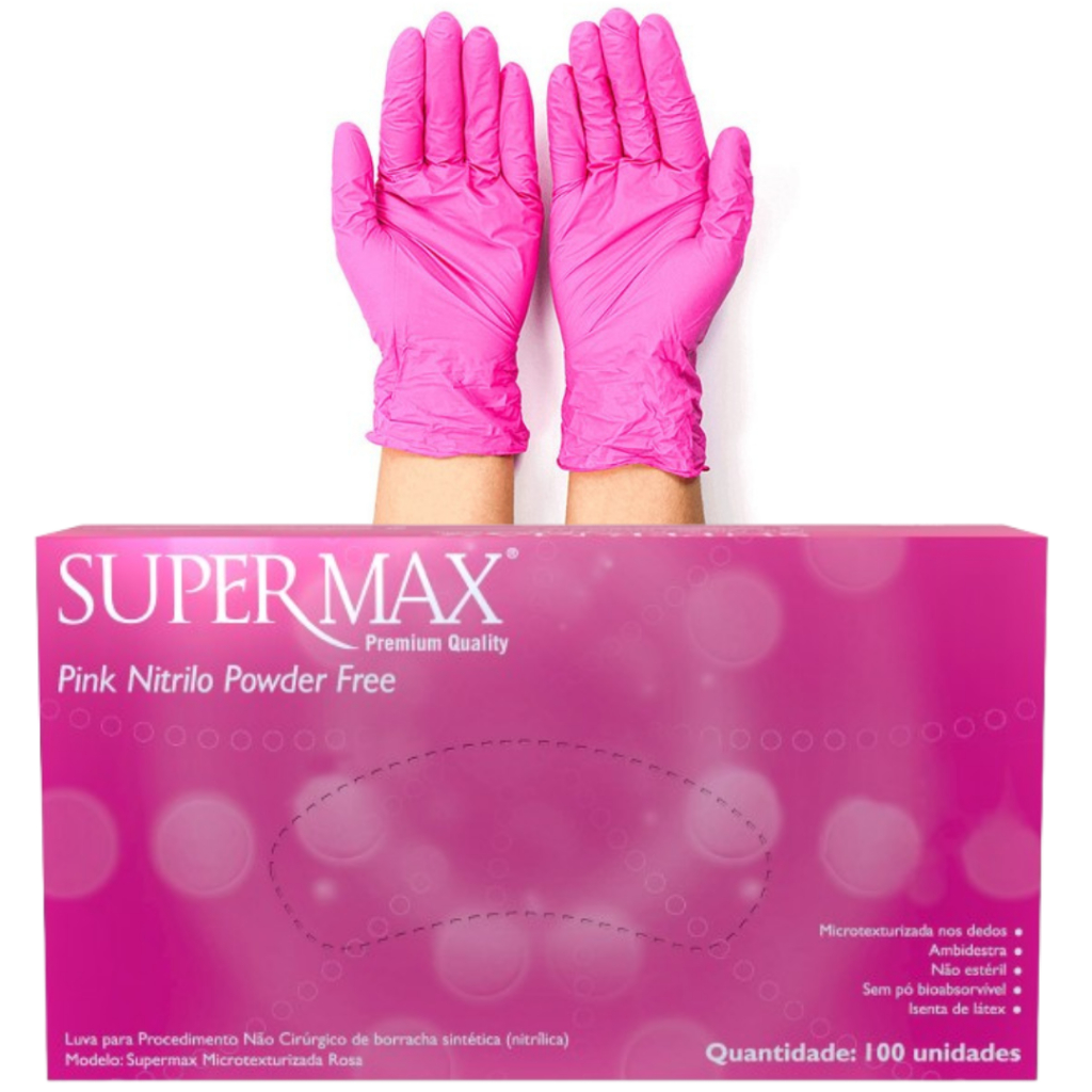 Kit 3 Luvas Descartáveis Nitrílica Rosa Sem Pó C/300 Supermax