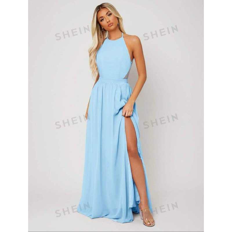 She In - Vestido de festa - formatura - casamento / fenda, tule, longo, costas nua - Azul Tiffany - Tamanho 36 - P