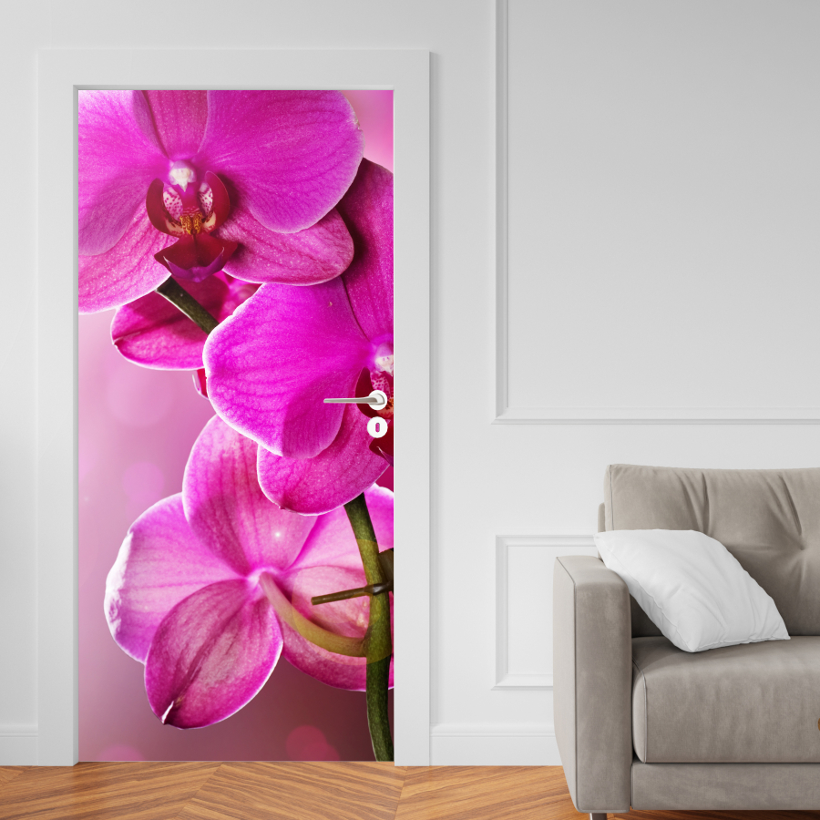 Adesivo De Porta De Madeira ou Vidro Decoração Revestimento Flores Folhas Jardim - Orquídea Rosa 076X