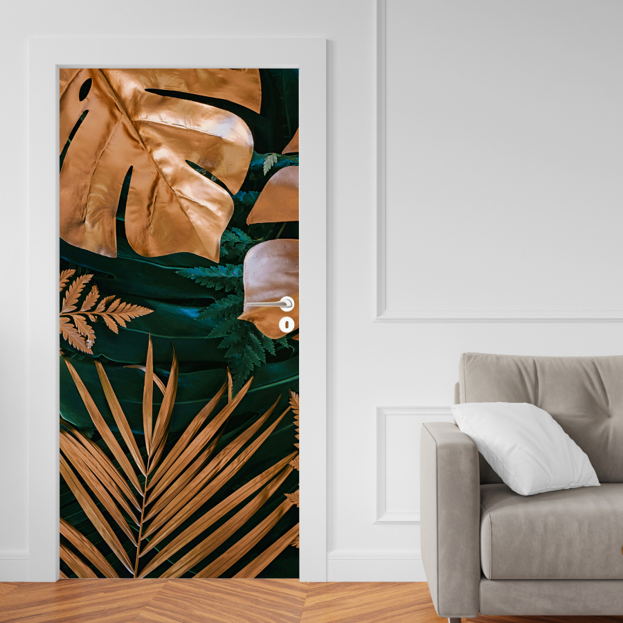 Adesivo De Porta De Madeira ou Vidro Decoração Revestimento Flores Folhas Jardim - Folhas Douradas e Verdes 073X