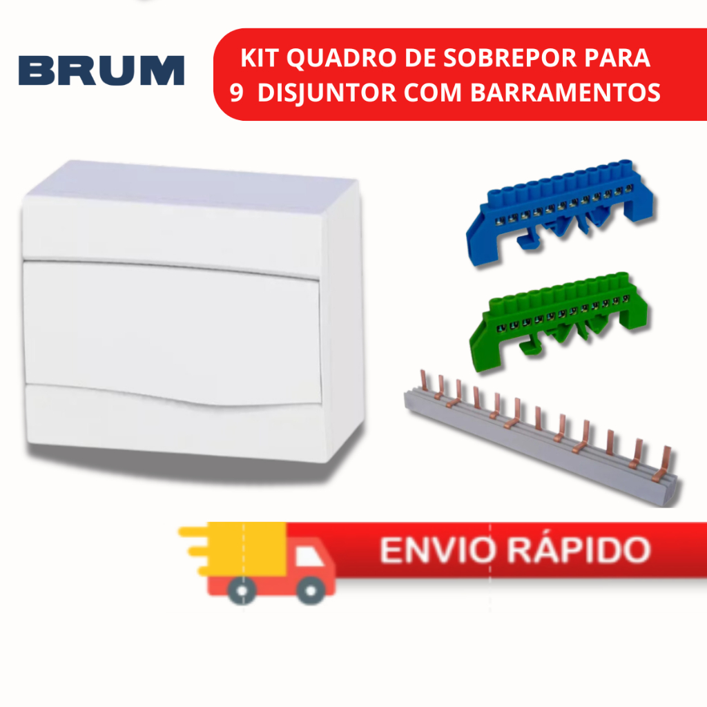 Quadro Distribuição Sobrepor 9 Disjuntor Brum Barramento pente Tripolar Barramento Neutro/Terra 12DI
