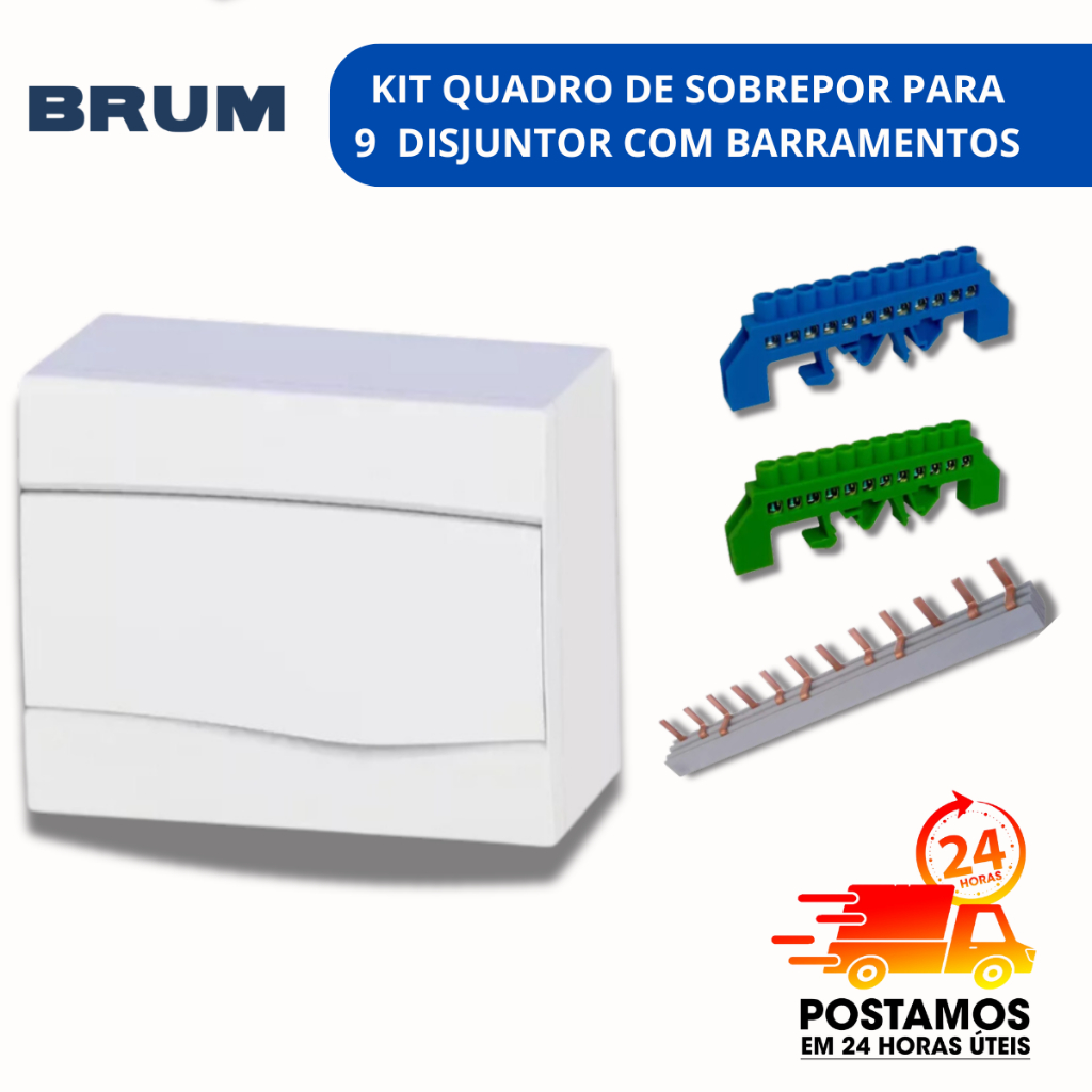 Quadro Distribuição Sobrepor 9 Disjuntor Barramento pente Tripolar Barramento Neutro/Terra 12FUROS