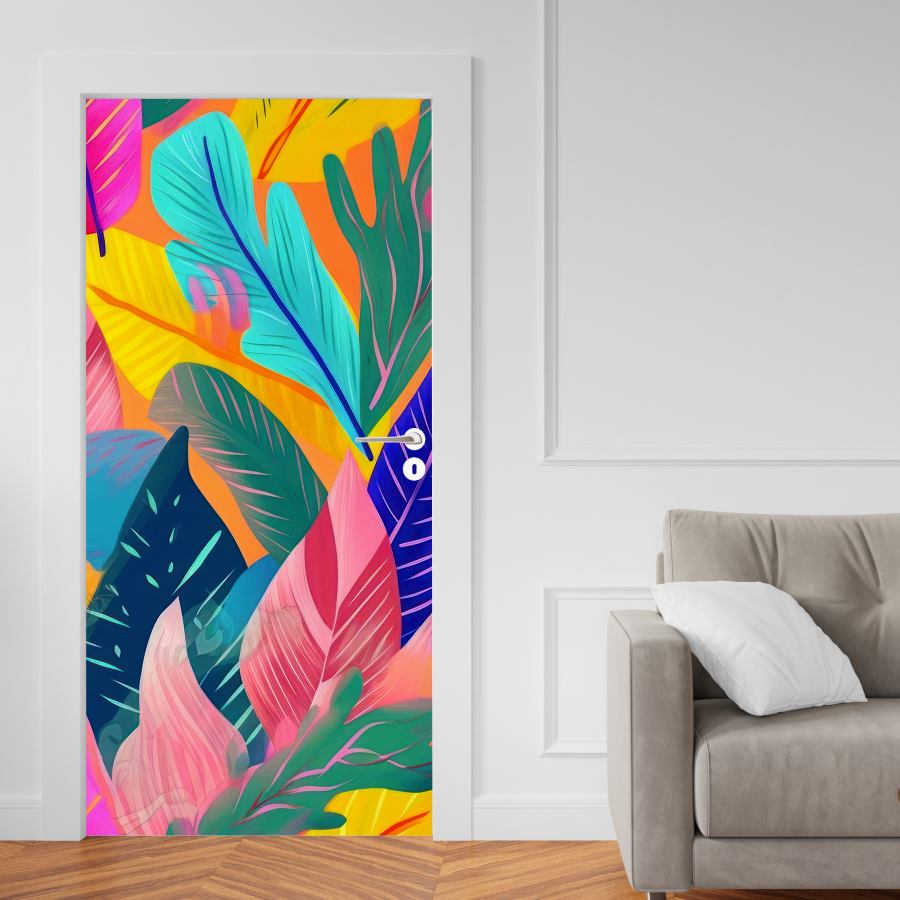 Adesivo De Porta De Madeira ou Vidro Decoração Revestimento Flores Folhas Jardim - Folhas Tropicais Coloridas 079X
