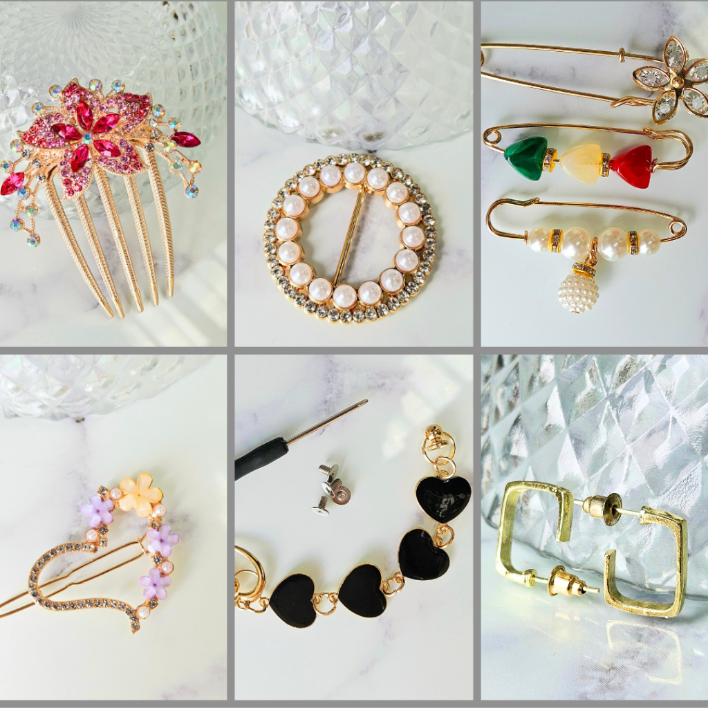 Presilha pente strass, Fivela de cinto pérola, kit 3 broche, grampo coração strass, Pingente coração preto Brinco argola