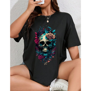 Streetwear Blusa Feminina Estampa Caveira Camisa Oversized Camiseta Algodão em Oferta na Shopee