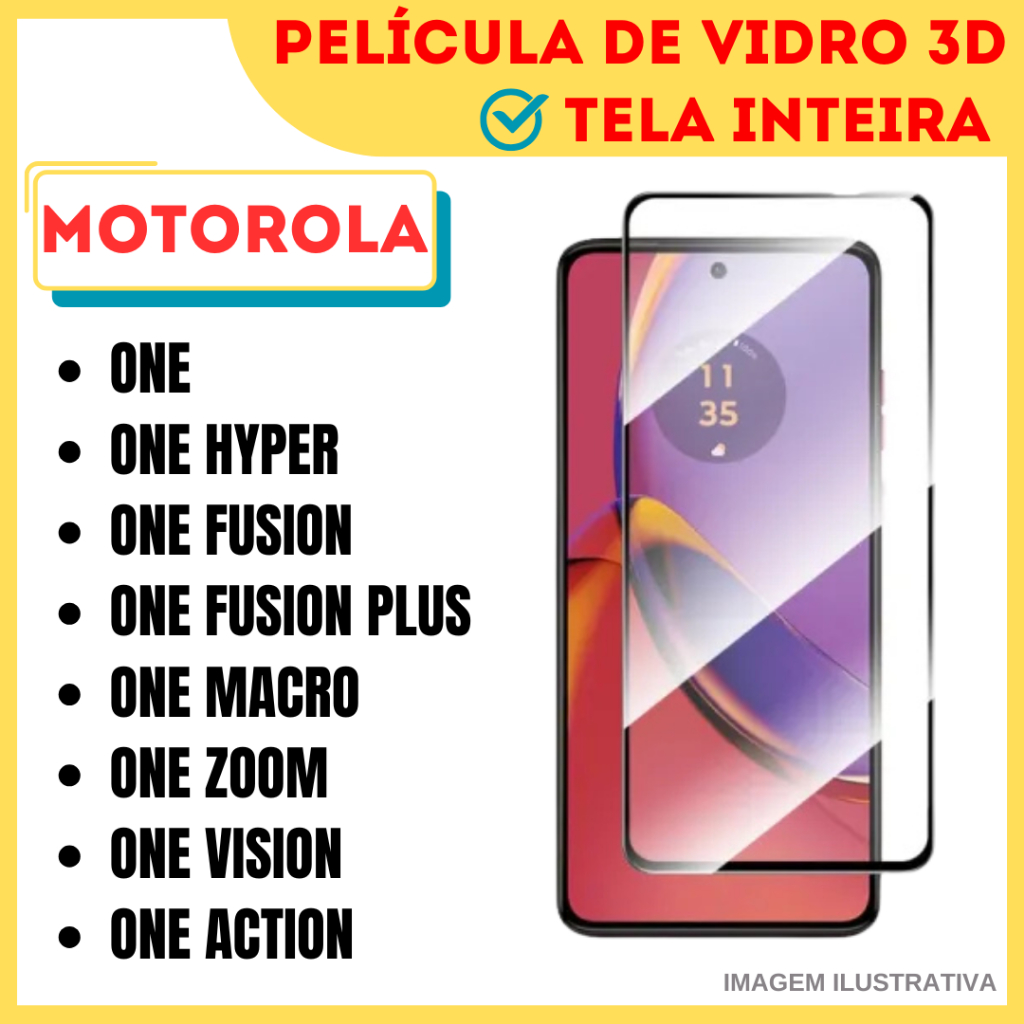 Película Vidro 3D Para Motorola Moto One / Hyper / Macro / Zoom / Fusion /  Fusion Plus / Action / Vision / Protetor