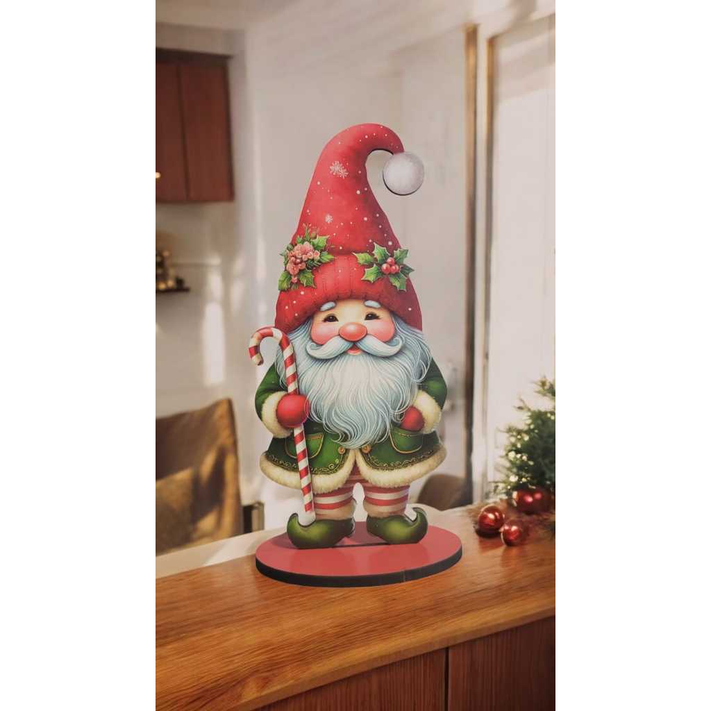 Enfeite Mesa Bancada Gnomo Com Bengala Doce Papai Noel Natal Cozinha Natalina Duende MDF Decoração