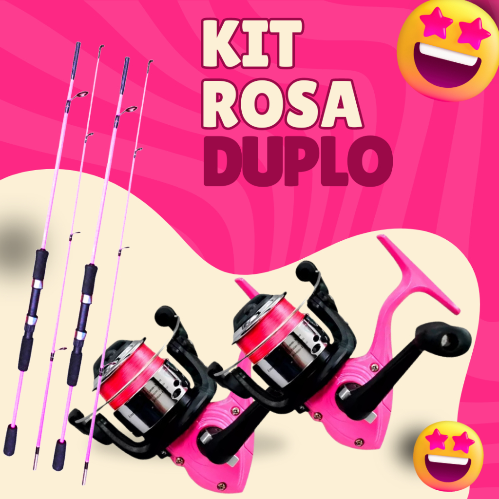 Kit Pesca Duplo Rosa Pink Pescaria Feminina Mulher Completo Vara Molinete Linha Nylon Tralha Pescar