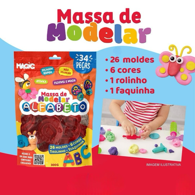 Massinha de modelar com alfabeto, + 26 moldes + acessórios, rolinho e faca 34 peças - INMETRO