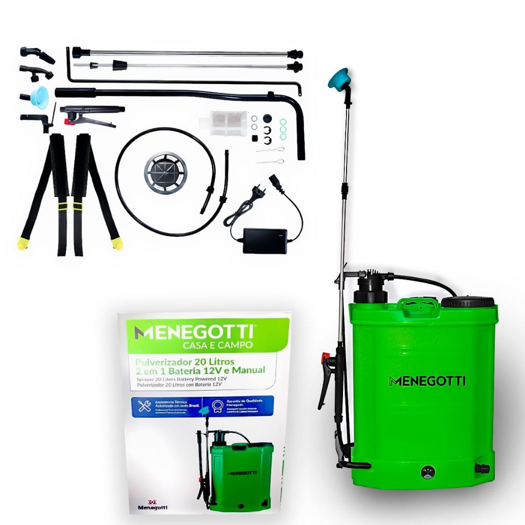 Pulverizador Agrícola Costal Menegotti 2 em 1 Manual e Á Bateria 12V e Manual 20L P/ Aplicação