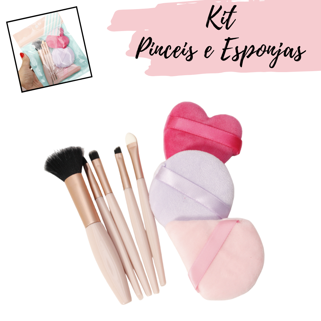 Kit Esponjas de Veludo, com 5 Pinceis de Maquiagem e Pó, Kit com 8 Itens Completo