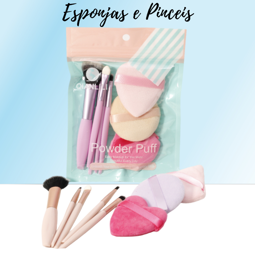 Kit Esponjas de Veludo, com 5 Pinceis de Maquiagem e Pó, Kit com 8 Itens Completo